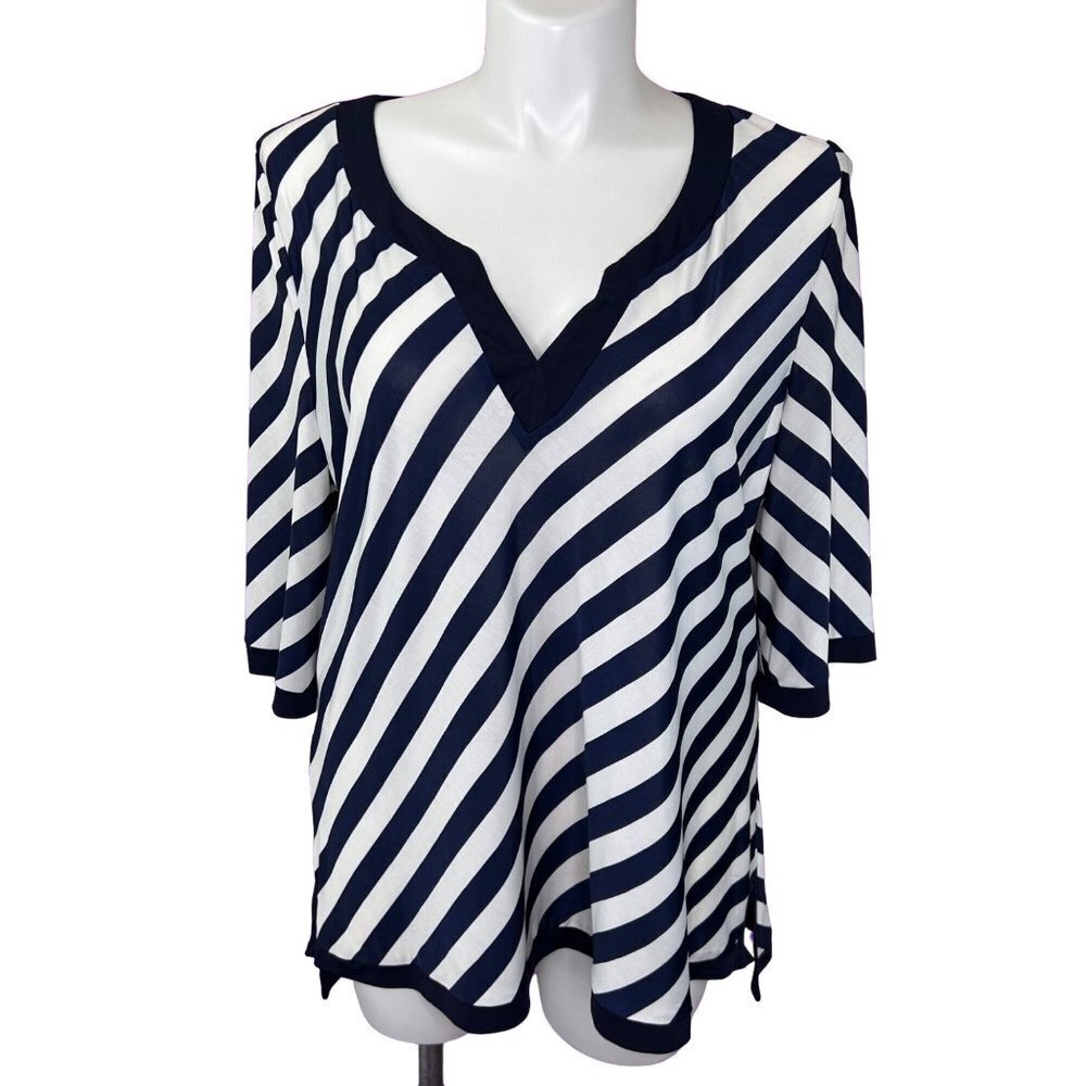 LAPIS NAVY BLUE & WHITE STRIPE V-NECK TOP - 3X